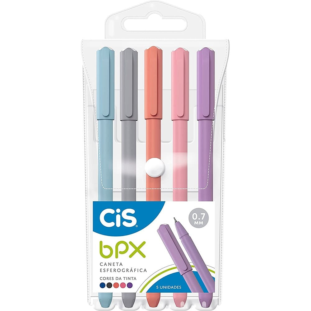  Kit Caneta Esferográfica Cis Bpx 0.7mm - com 5 Canetas Tons Pastel  ( Azul, Preta, Vermelha, Rosa, Roxa)