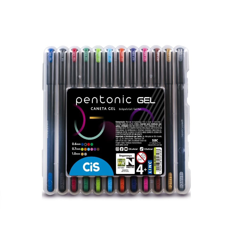 Kit Caneta Gel Cis Pentonic C/ 12 Cores - Ponta 0.6mm, 0.7mm E 1,0mm